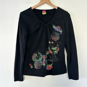 Vintage Y2K Save The Queen Black Top Sz XL Italy Beaded Embroidered Fruit Indie